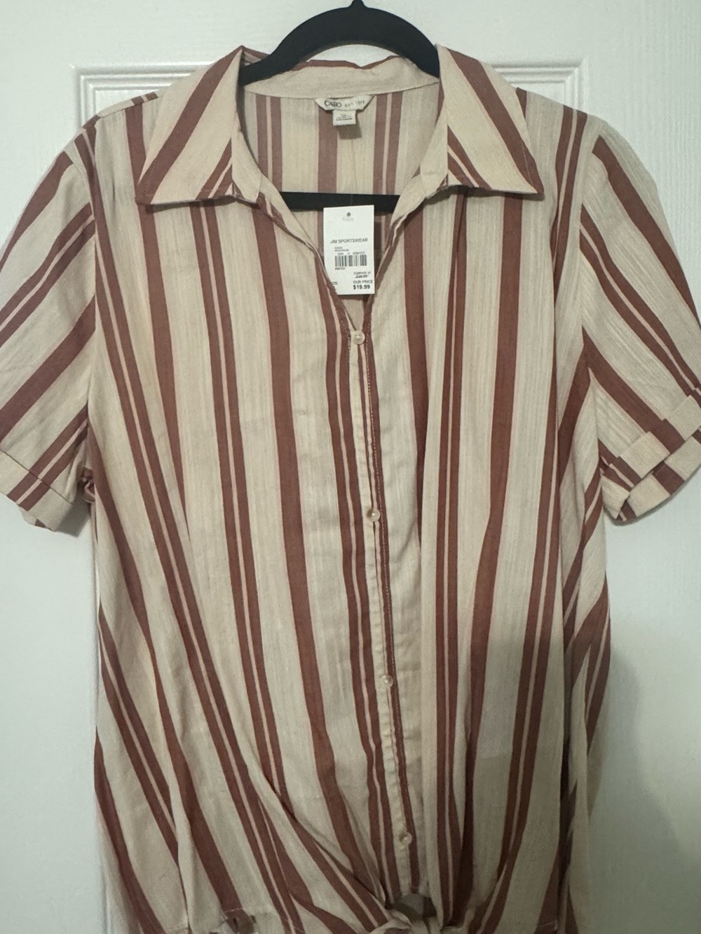 Cato Striped Button Front Short Sleeve Shirt - Cream & Brown